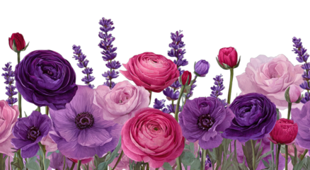 A vibrant, seamless border of blooming flowers in shades of purple and pink