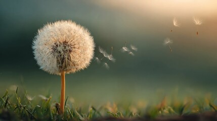 Mature dandelion clock seed head blowing seeds in bright soft focus outdoor sunlight