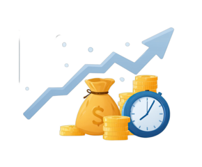 Upward financial growth represented by a rising graph, coins, money bag, and clock