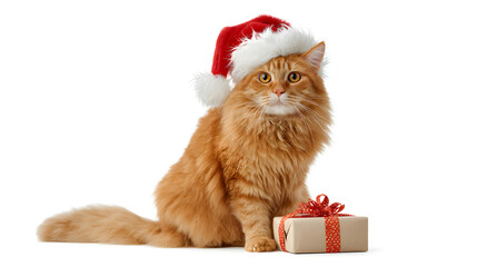 Brown Cat Wearing Santa Hat with Gift Festive Christmas Pet Portrait