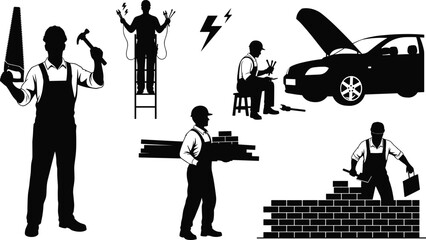 Skilled trades worker silhouettes vector set featuring carpenter, electrician, mechanic, laborer, and bricklayer in construction and industrial job scenes