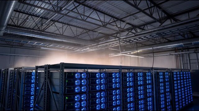 A spacious data center with long rows of server racks illuminated by blue neon light operates surrounded by light steam from the cooling system under a high industrial ceiling
