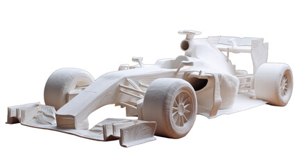 Detailed white sculpted model of a racing car, showcasing aerodynamic features