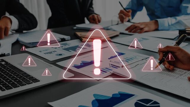 Professionals collaborate in a business meeting, surrounded by documents and graphs while alert signs emphasize the importance of critical information and strategic decisions. Raster