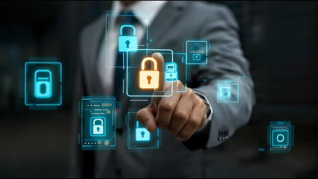 Businessman with glowing hologram, symbolizing high-level information protection. Keylock icon hovers on-screen, emphasizing importance of secure corporate data.