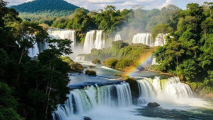 Fototapeta premium Scenic Waterfall Cascades with Lush Greenery and Rainbow in Tropical Landscape