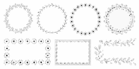 Watercolor floral frames and wreaths in black and white