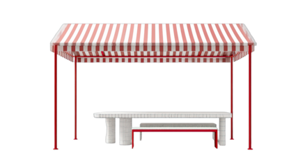 Red and white striped awning shelters white bench, outdoors