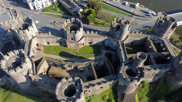 Aerial view of Conwy Castle with its towers and inner courtyard