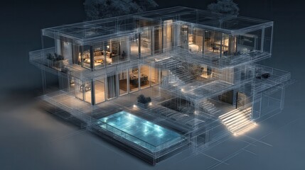 Modern building architectural wireframe design with luxury interior lighting, representing smart home technology, residential development, and futuristic property blueprint planning