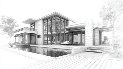 Modern luxury house design featuring large glass windows, a swimming pool, and an outdoor patio area, presented as an architectural outline drawing illustrating a contemporary villa project