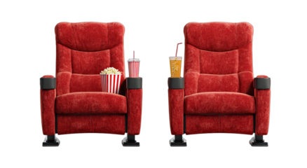 Two plush red theater seats with popcorn and drinks on a black background