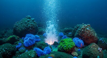Fototapeta premium Deep Sea Hydrothermal Vent Emitting Glowing Bubbles on a Colorful Coral Reef.