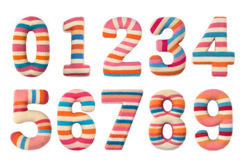 Watercolor Knitted numbers zero to nine with stripes isolated on a transparent background