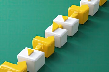 Yellow and white 3D blocks in a line,  linked by small yellow triangles