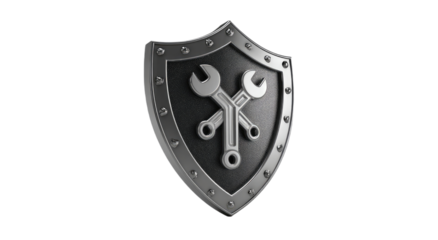 Metallic shield with crossed wrenches, symbolizing protection, repair, and service