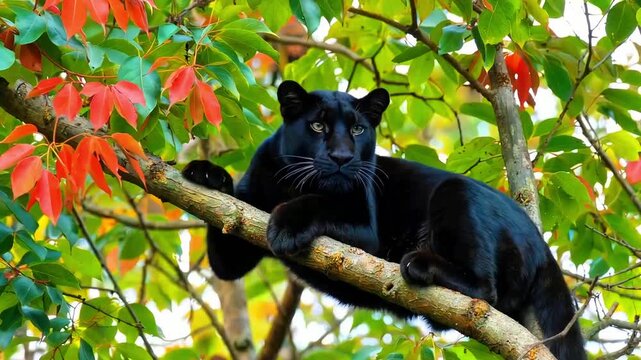 Black panther resting on tree branch vibrant foliage jungle predator wild cat stealthy nocturnal animal dark fur majestic powerful jungle cat exotic wildlife nature photography vivid colors autumn lea