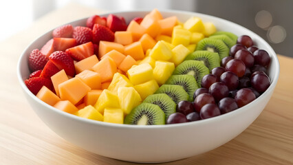 A vibrant bowl of fresh, sliced fruits arranged in a colorful rainbow pattern, perfect for healthy eating and celebrations