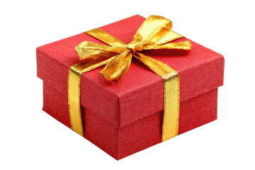 Obraz premium A bright red square gift box adorned with a golden ribbon and bow