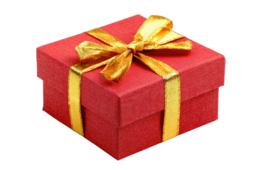 A bright red square gift box adorned with a golden ribbon and bow