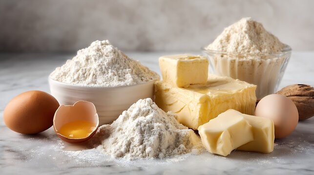 Baking ingredients: flour, butter, eggs for delicious treats.