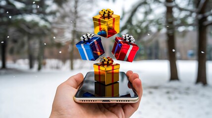 Floating colorful gift boxes above a smartphone held outdoors in a snowy winter scene.