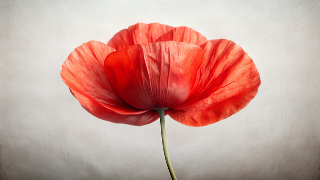 **Red Poppy Minimal Stemless Bloom**, simplified poppy-like round bloom painted in Red Poppy (17-1664 TCX) on a nearly white textured background, pure focus on color and soft organic shape, with copy 