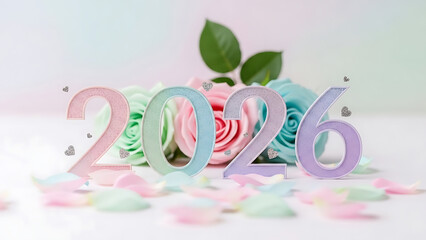 Pastel New Year 2026 Decoration with Roses and Glitter Hearts on White Background