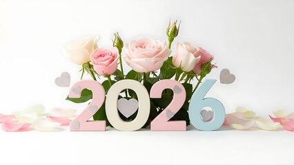 2026 pastel numbers with pink roses and soft flower petals on white background