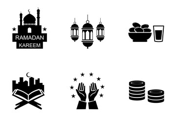 Ramadan Kareem celebration icons: A collection of Ramadan-related icons including mosque, lantern, dates, Holy Quran, and charitable donations