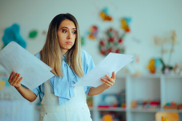 Busy Teacher Checking all the Projects Kids Made. Overwhelmed professor struggling with bureaucracy and paperwork management 