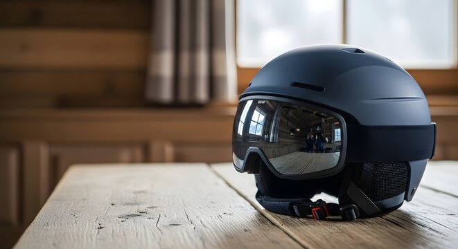 Black ski helmet with reflective goggles resting on a rustic wooden table in a cozy chalet for winter sports concept and alpine vacation preparation