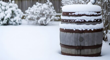 Snow-covered rain barrel standing in a tranquil snowy backyard garden with bushes, ideal for winter season concept and cold weather themes