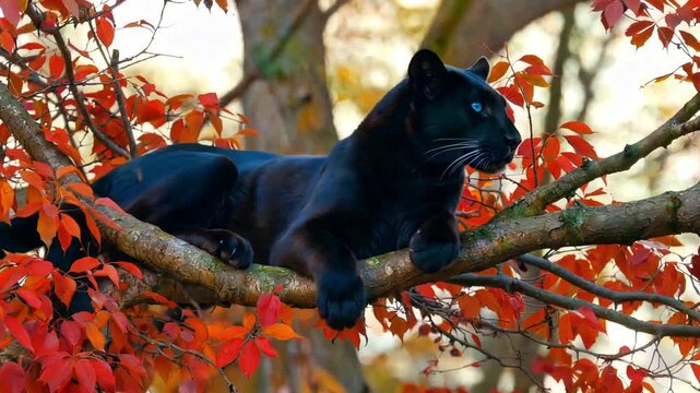 Black panther resting on tree branch vivid blue eyes striking contrast against bright autumn foliage stunning wildlife photography majestic feline predator nature scene captivating animal portrait for