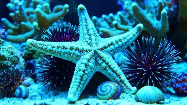 Starfish center frame bright blue underwater scene featuring sea urchins shells and coral reef environment marine life aquarium display vibrant aquatic ecosystem oceanography