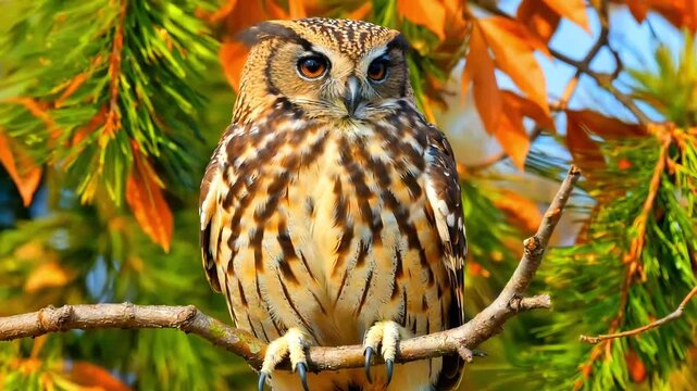 Owl perched on branch autumn foliage background detailed feathers bright eyes wildlife photography nature scene forest bird nocturnal hunter vibrant colors detailed texture outdoor portrait woodland c