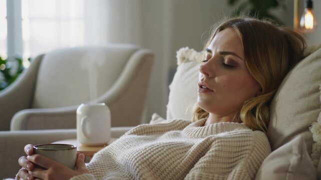 A woman is relaxing on a couch, holding a mug and looking sleepy or unwell. A coffee table and armchair are also visible in the background.