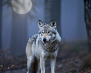 Fototapeta premium A lone wolf stands in a misty forest under a full moon animal wildlife