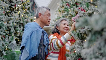 An elderly Asian couple placed bright red holly berries on a beautifully decorated Christmas tree to celebrate the joy and spirit of the festive season and create a warm atmosphere. - Powered by Adobe