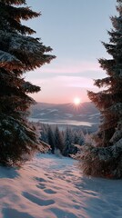 Fototapeta premium Winter in mountain forest during sunset. Golden hour in dreamlike landscape with snow covered spruce trees and mist in valley. Natural background