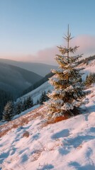 Fototapeta premium Winter in mountain forest during sunset. Golden hour in dreamlike landscape with snow covered spruce trees and mist in valley. Natural background
