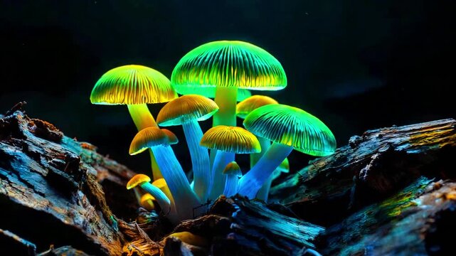Bioluminescent mushrooms glowing brightly on dark wood fungus forest floor nature magic fantasy deep woods eerie vibrant illumination mystical fungi spore growth