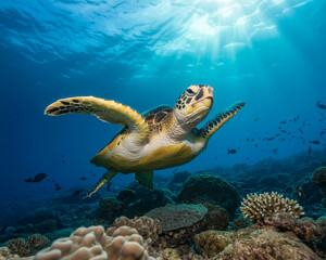A large green sea turtle swims through clear blue ocean water near a coral reef underwater