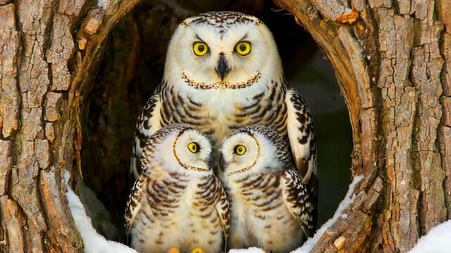 Snowy owl family portrait mother and owlets nestled inside a hollow tree trunk surrounded by snow featuring bright yellow eyes and protective maternal instincts in a winter wildlife scene