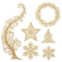 Fototapeta premium Golden christmas decorations set star snowflake wreath isolated on transparent background