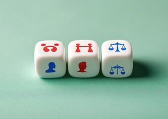 Three dice, each with a different icon, arranged horizontally on a mint-green surface.  The icons are a bridge, a person profile, and a set of scales