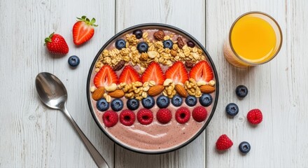 Vibrant smoothie bowl packed with fresh berries, granola, and nuts, served with a glass of orange juice.