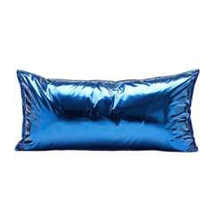 Shiny metallic blue rectangular pillow against a black background