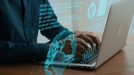 A professional engaged in business data analysis, using a laptop with graphical representations of data insights and analytics overlay, showcasing modern analytics in a dynamic workspace. Cipher - Powered by Adobe