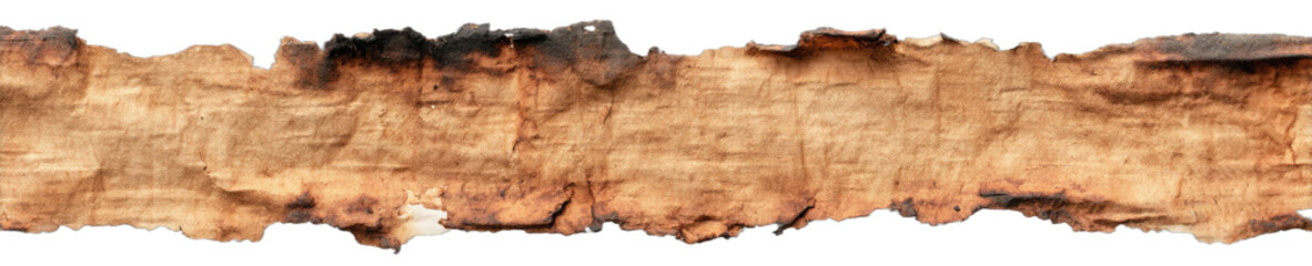 A tattered, burnt scroll with frayed edges on a dark background